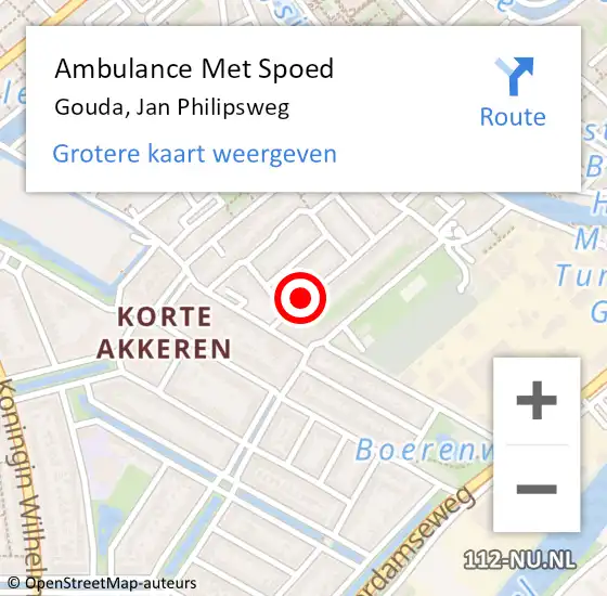 Locatie op kaart van de 112 melding: Ambulance Met Spoed Naar Gouda, Jan Philipsweg op 30 oktober 2022 02:54