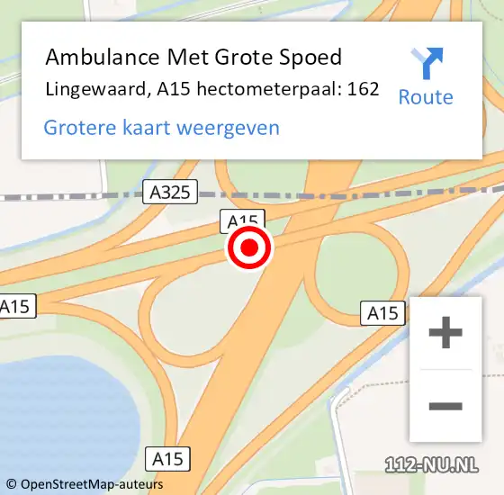 Locatie op kaart van de 112 melding: Ambulance Met Grote Spoed Naar Lingewaard, A15 hectometerpaal: 162 op 30 oktober 2022 12:18