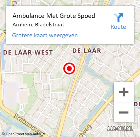 Locatie op kaart van de 112 melding: Ambulance Met Grote Spoed Naar Arnhem, Bladelstraat op 30 oktober 2022 13:01