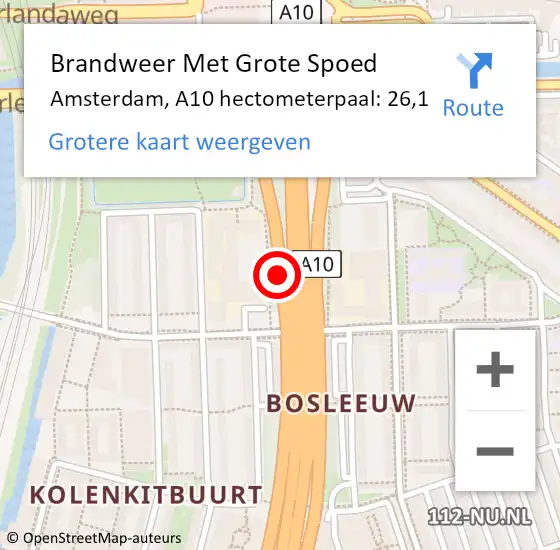 Locatie op kaart van de 112 melding: Brandweer Met Grote Spoed Naar Amsterdam, A10 hectometerpaal: 26,1 op 30 oktober 2022 13:55