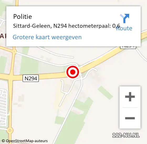 Locatie op kaart van de 112 melding: Politie Sittard-Geleen, N294 hectometerpaal: 0,6 op 30 oktober 2022 13:55