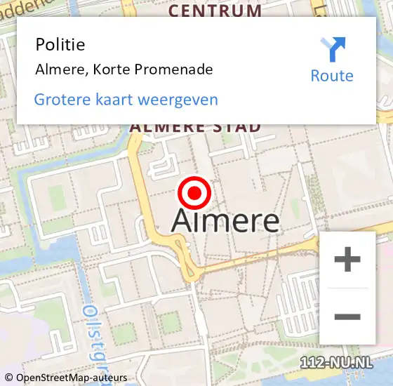 Locatie op kaart van de 112 melding: Politie Almere, Korte Promenade op 30 oktober 2022 14:21