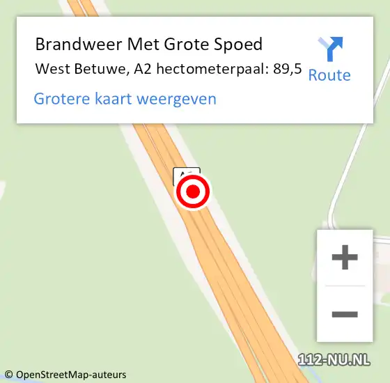 Locatie op kaart van de 112 melding: Brandweer Met Grote Spoed Naar West Betuwe, A2 hectometerpaal: 89,5 op 30 oktober 2022 15:20