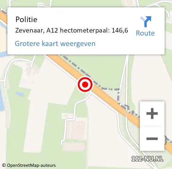 Locatie op kaart van de 112 melding: Politie Zevenaar, A12 hectometerpaal: 146,6 op 30 oktober 2022 15:35