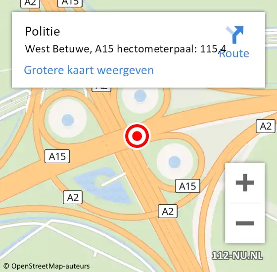 Locatie op kaart van de 112 melding: Politie West Betuwe, A15 hectometerpaal: 115,4 op 30 oktober 2022 17:21