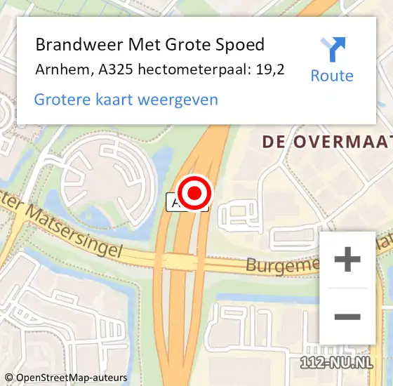 Locatie op kaart van de 112 melding: Brandweer Met Grote Spoed Naar Arnhem, A325 hectometerpaal: 19,2 op 30 oktober 2022 19:11