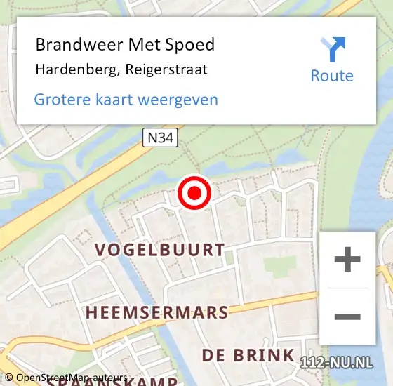 Locatie op kaart van de 112 melding: Brandweer Met Spoed Naar Hardenberg, Reigerstraat op 30 oktober 2022 19:37