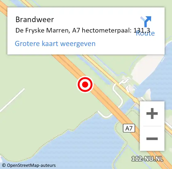 Locatie op kaart van de 112 melding: Brandweer De Fryske Marren, A7 hectometerpaal: 131,3 op 30 oktober 2022 20:27