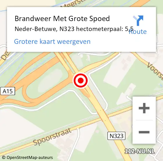 Locatie op kaart van de 112 melding: Brandweer Met Grote Spoed Naar Neder-Betuwe, N323 hectometerpaal: 5,5 op 30 oktober 2022 21:41