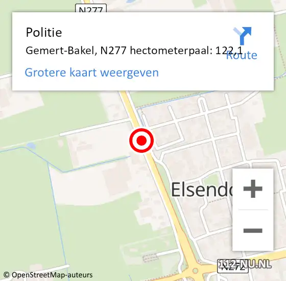 Locatie op kaart van de 112 melding: Politie Gemert-Bakel, N277 hectometerpaal: 122,1 op 30 oktober 2022 23:18
