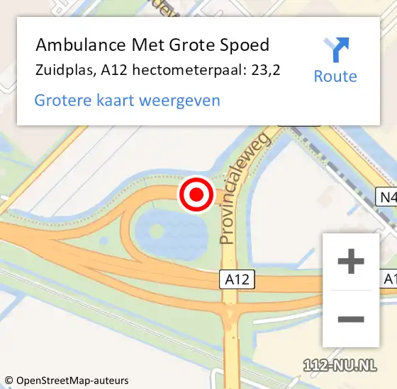 Locatie op kaart van de 112 melding: Ambulance Met Grote Spoed Naar Zuidplas, A12 hectometerpaal: 23,2 op 31 oktober 2022 07:03