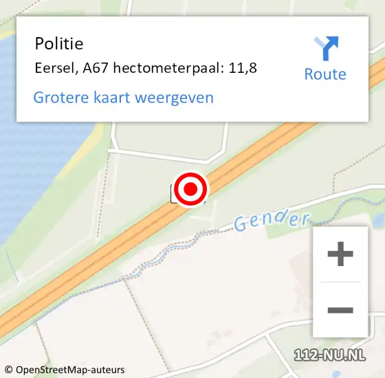 Locatie op kaart van de 112 melding: Politie Eersel, A67 hectometerpaal: 11,8 op 31 oktober 2022 09:24