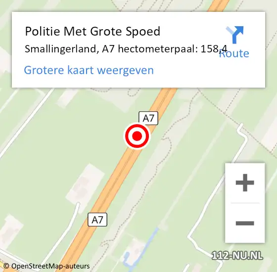 Locatie op kaart van de 112 melding: Politie Met Grote Spoed Naar Smallingerland, A7 hectometerpaal: 158,4 op 31 oktober 2022 12:38