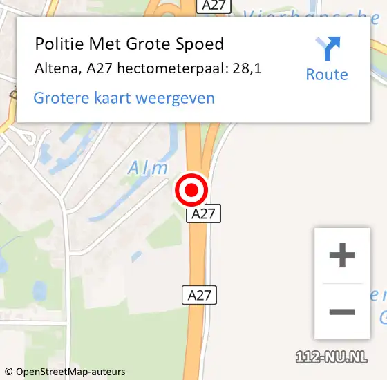 Locatie op kaart van de 112 melding: Politie Met Grote Spoed Naar Altena, A27 hectometerpaal: 28,1 op 31 oktober 2022 14:26