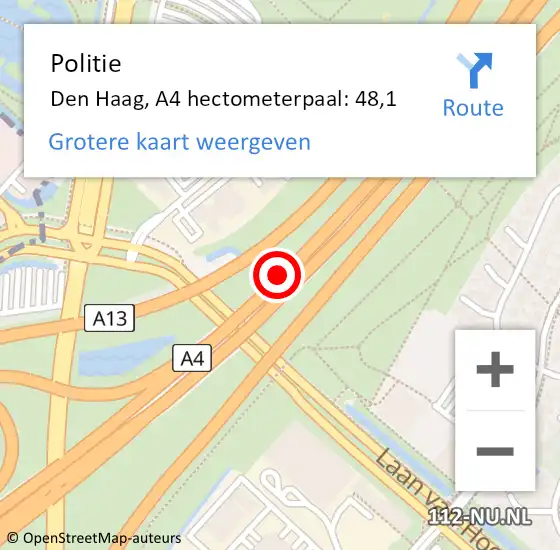 Locatie op kaart van de 112 melding: Politie Den Haag, A4 hectometerpaal: 48,1 op 31 oktober 2022 15:55