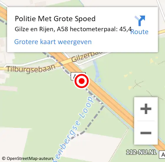 Locatie op kaart van de 112 melding: Politie Met Grote Spoed Naar Gilze en Rijen, A58 hectometerpaal: 45,4 op 31 oktober 2022 17:47