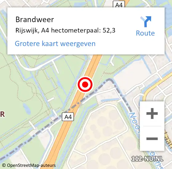 Locatie op kaart van de 112 melding: Brandweer Rijswijk, A4 hectometerpaal: 52,3 op 31 oktober 2022 17:53