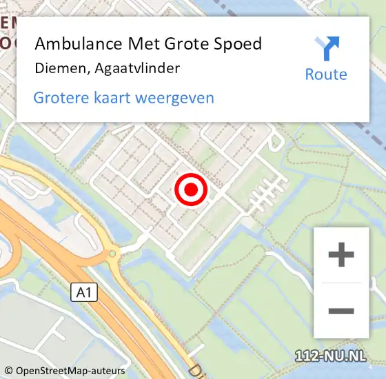 Locatie op kaart van de 112 melding: Ambulance Met Grote Spoed Naar Diemen, Agaatvlinder op 31 oktober 2022 23:07