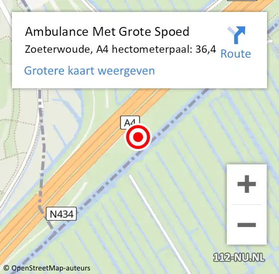 Locatie op kaart van de 112 melding: Ambulance Met Grote Spoed Naar Zoeterwoude, A4 hectometerpaal: 36,4 op 1 november 2022 06:16