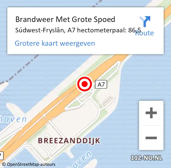 Locatie op kaart van de 112 melding: Brandweer Met Grote Spoed Naar Súdwest-Fryslân, A7 hectometerpaal: 86,5 op 1 november 2022 07:35