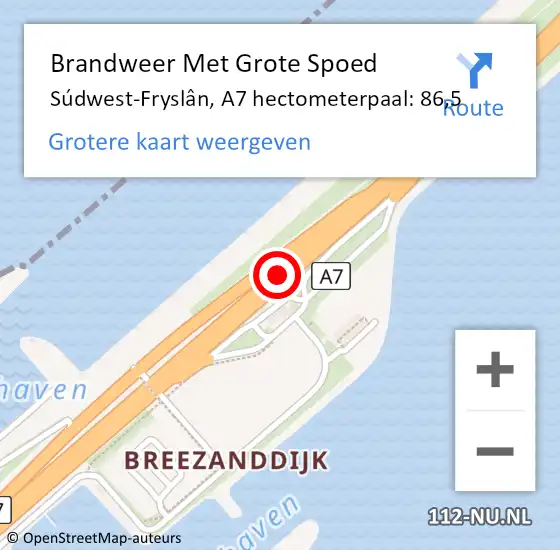 Locatie op kaart van de 112 melding: Brandweer Met Grote Spoed Naar Súdwest-Fryslân, A7 hectometerpaal: 86,5 op 1 november 2022 07:40