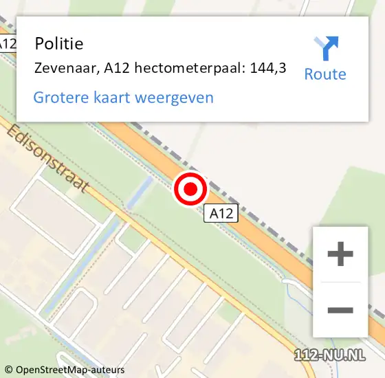 Locatie op kaart van de 112 melding: Politie Zevenaar, A12 hectometerpaal: 144,3 op 1 november 2022 09:12