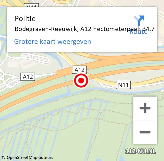 Locatie op kaart van de 112 melding: Politie Bodegraven-Reeuwijk, A12 hectometerpaal: 34,7 op 1 november 2022 09:50