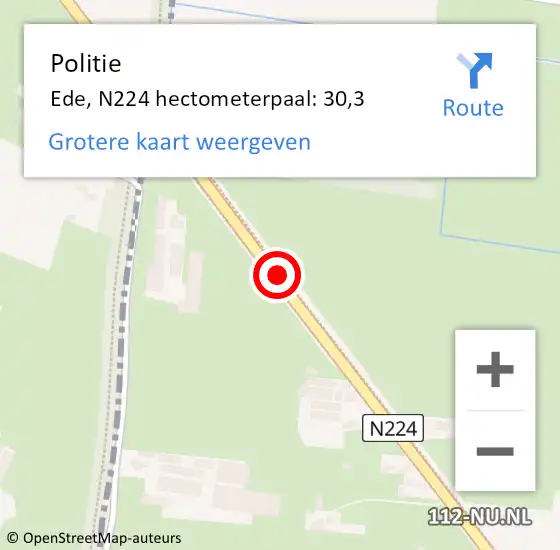 Locatie op kaart van de 112 melding: Politie Ede, N224 hectometerpaal: 30,3 op 1 november 2022 11:08