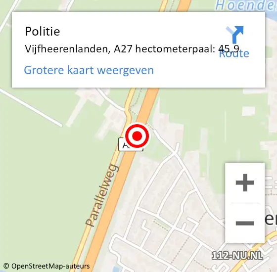 Locatie op kaart van de 112 melding: Politie Vijfheerenlanden, A27 hectometerpaal: 45,9 op 1 november 2022 12:21