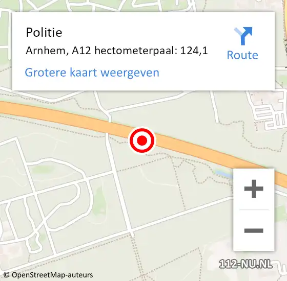 Locatie op kaart van de 112 melding: Politie Arnhem, A12 hectometerpaal: 124,1 op 1 november 2022 12:43