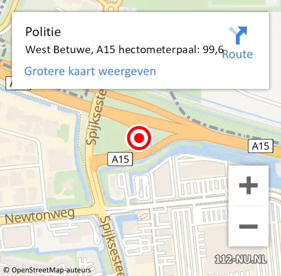 Locatie op kaart van de 112 melding: Politie West Betuwe, A15 hectometerpaal: 99,6 op 1 november 2022 15:03