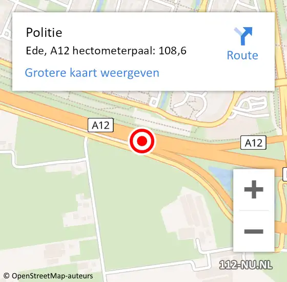 Locatie op kaart van de 112 melding: Politie Ede, A12 hectometerpaal: 108,6 op 1 november 2022 15:24