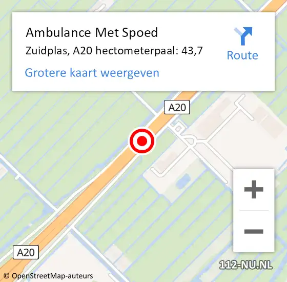 Locatie op kaart van de 112 melding: Ambulance Met Spoed Naar Zuidplas, A20 hectometerpaal: 43,7 op 1 november 2022 15:38