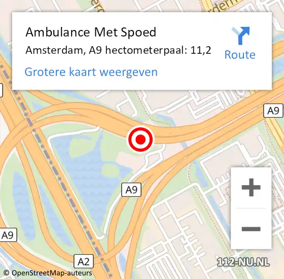 Locatie op kaart van de 112 melding: Ambulance Met Spoed Naar Amsterdam, A9 hectometerpaal: 11,2 op 1 november 2022 16:18