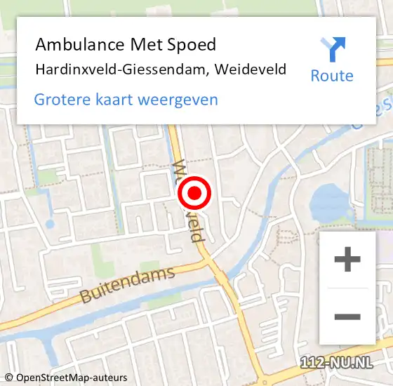 Locatie op kaart van de 112 melding: Ambulance Met Spoed Naar Hardinxveld-Giessendam, Weideveld op 1 november 2022 16:42