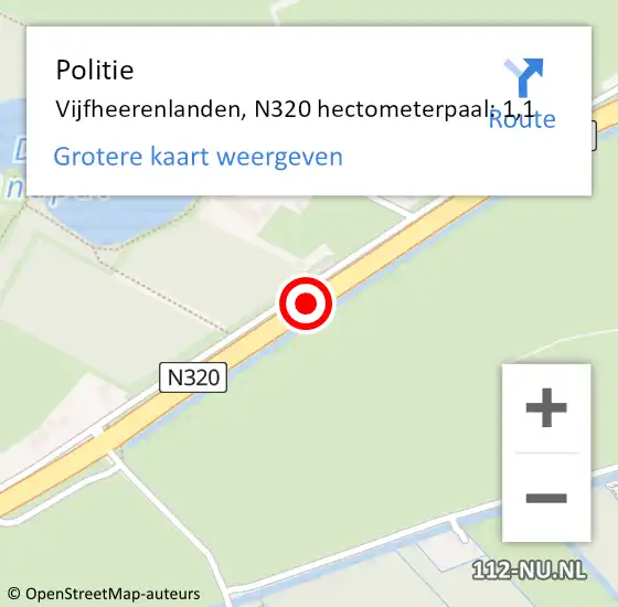 Locatie op kaart van de 112 melding: Politie Vijfheerenlanden, N320 hectometerpaal: 1,1 op 1 november 2022 16:52