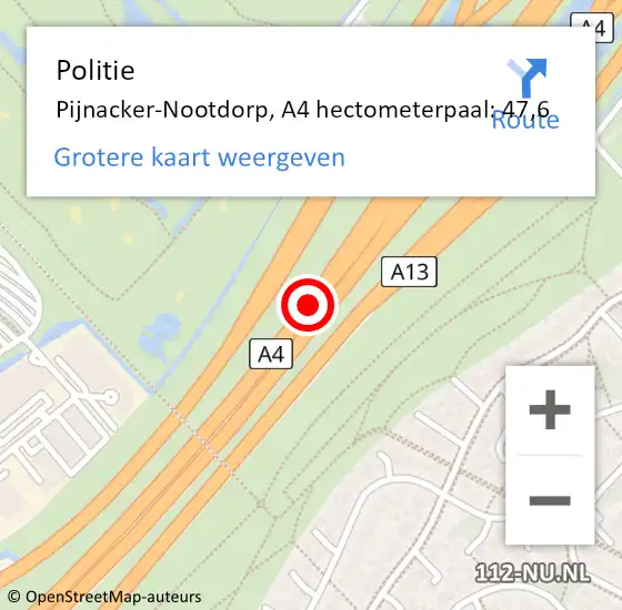 Locatie op kaart van de 112 melding: Politie Den Haag, A4 hectometerpaal: 47,6 op 1 november 2022 17:47