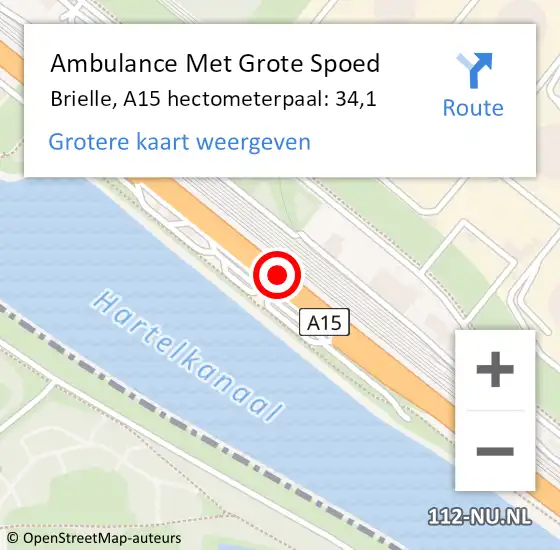 Locatie op kaart van de 112 melding: Ambulance Met Grote Spoed Naar Brielle, A15 hectometerpaal: 34,1 op 1 november 2022 17:53