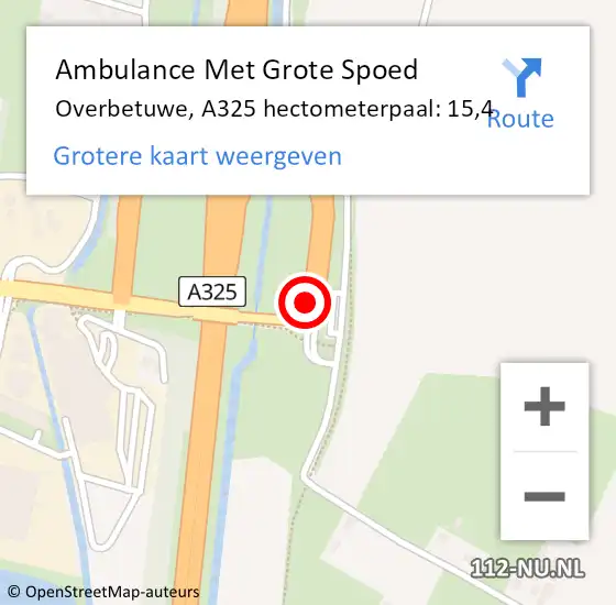 Locatie op kaart van de 112 melding: Ambulance Met Grote Spoed Naar Overbetuwe, A325 hectometerpaal: 15,4 op 1 november 2022 18:35