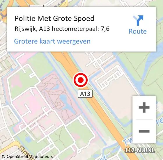Locatie op kaart van de 112 melding: Politie Met Grote Spoed Naar Rijswijk, A13 hectometerpaal: 7,6 op 1 november 2022 18:50