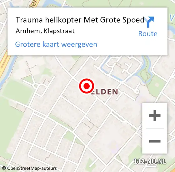 Locatie op kaart van de 112 melding: Trauma helikopter Met Grote Spoed Naar Arnhem, Klapstraat op 2 november 2022 05:37