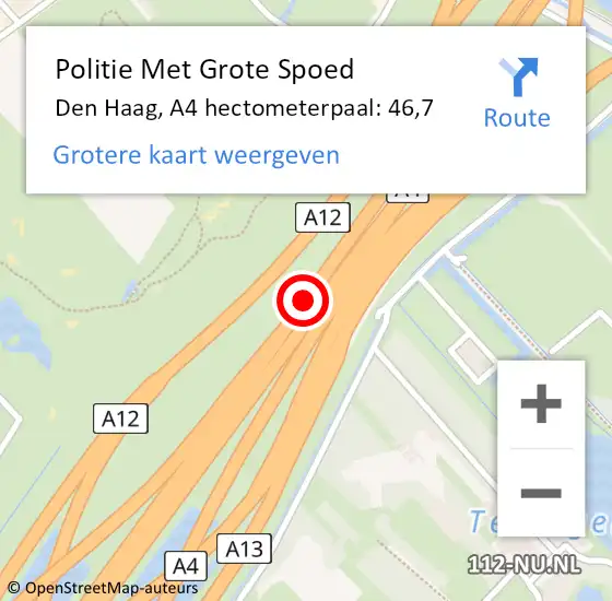Locatie op kaart van de 112 melding: Politie Met Grote Spoed Naar Den Haag, A4 hectometerpaal: 46,7 op 2 november 2022 06:07