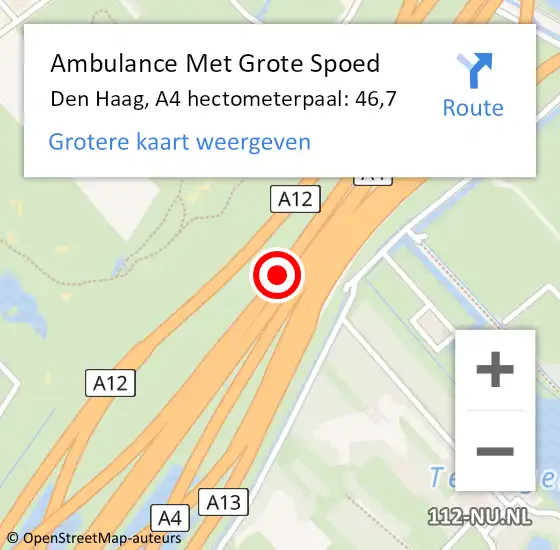 Locatie op kaart van de 112 melding: Ambulance Met Grote Spoed Naar Den Haag, A4 hectometerpaal: 46,7 op 2 november 2022 06:10