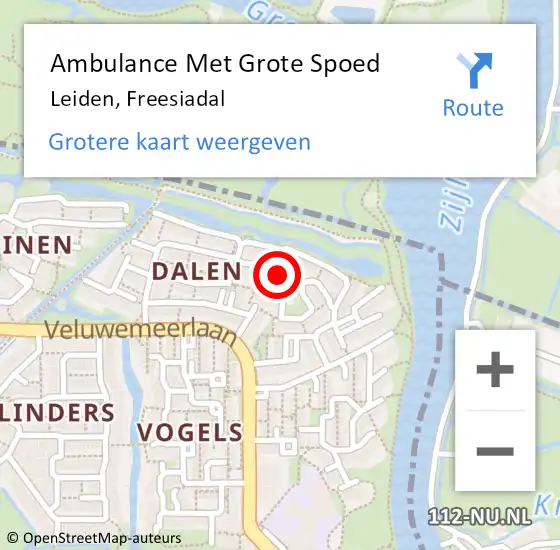 Locatie op kaart van de 112 melding: Ambulance Met Grote Spoed Naar Leiden, Freesiadal op 2 november 2022 08:28