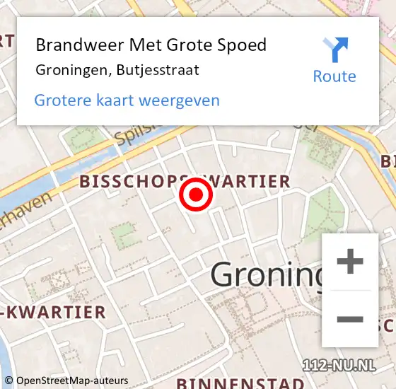 Locatie op kaart van de 112 melding: Brandweer Met Grote Spoed Naar Groningen, Butjesstraat op 2 november 2022 09:00