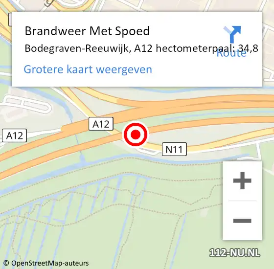 Locatie op kaart van de 112 melding: Brandweer Met Spoed Naar Bodegraven-Reeuwijk, A12 hectometerpaal: 34,8 op 2 november 2022 09:34