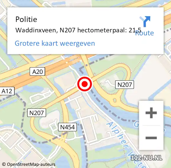 Locatie op kaart van de 112 melding: Politie Waddinxveen, N207 hectometerpaal: 21,5 op 2 november 2022 09:46