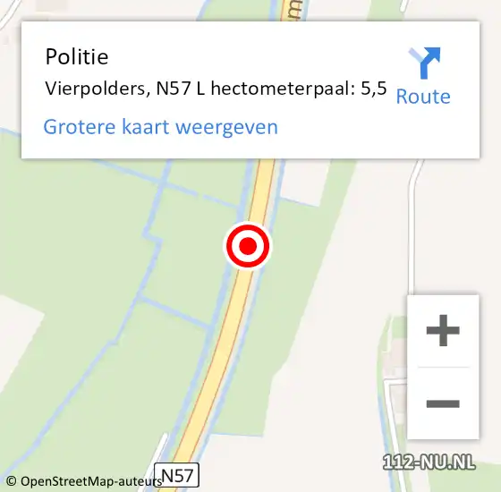 Locatie op kaart van de 112 melding: Politie Vierpolders, N57 R hectometerpaal: 4,8 op 3 augustus 2014 16:45