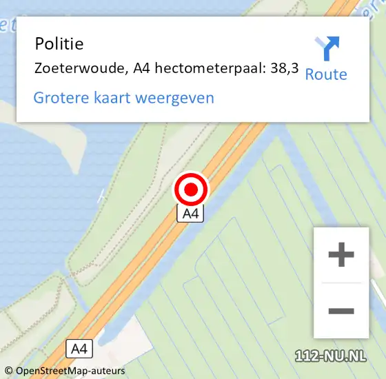 Locatie op kaart van de 112 melding: Politie Zoeterwoude, A4 hectometerpaal: 38,3 op 2 november 2022 13:35