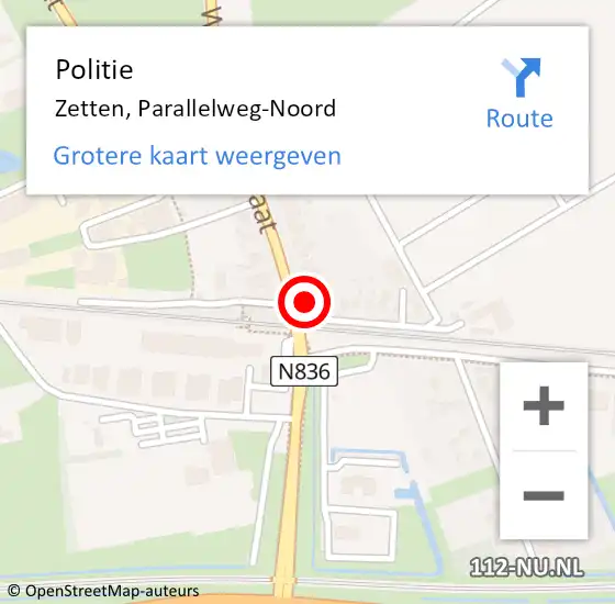 Locatie op kaart van de 112 melding: Politie Zetten, Parallelweg-Noord op 2 november 2022 16:46